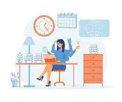 Multitasking and Time Management Concept. Business woman surrounded by hands with office things. flat vector modern illustration