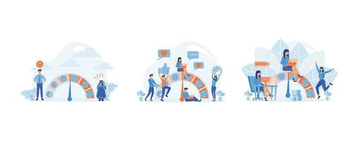 mood scale. Stress level, Depressed and mental illness.  Customer Satisfaction Meter, Client Feedback. Low Stress level,  Mentally healthy employee. set flat vector modern illustration