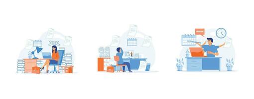 Overworked An Office Worker Overwhelmed by Work, sit on the chair among pile of document. set flat vector modern illustration