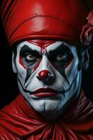 Terrifying Halloween Clown, Portrait of a Sinister Red-Suited Jester, AI Generated photo