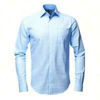 Formal Men's Sky Blue Check Shirt on White Background - Classic and Sophisticated Attire, AI Generated photo