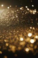 Golden Glitter Lights on Dark Background, Abstract Sparkle Particle Bokeh, AI Generated photo