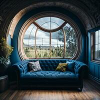 Artful Living Room, Cozy Couch and Window with Artwork, AI Generated photo