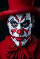 Terrifying Halloween Clown, Portrait of a Sinister Red-Suited Jester, AI Generated photo