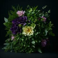 Beautiful bouquet of flowers on black background. Studio shot. Generative AI photo