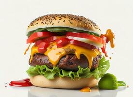 Delicious Burger with Tasty Ingredients and Cheesy Splash Sauce on White Background, AI Generated photo