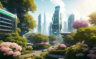 Ecology friendly futuristic green city, Generative AI Illustration. photo