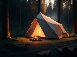 Tent in a forest with a camp fire, Generative AI Illustration. photo