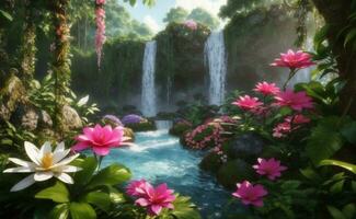 A waterfall in forest with blooming flowers, Generative AI Illustration. photo
