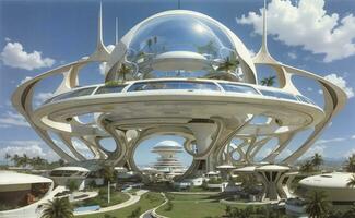 A futuristic fantastic cityscape with transportation system. photo