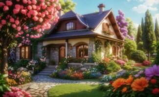 Beautiful cozy house surrounded by a flowers garden. photo