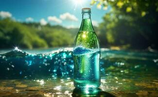 Pure mineral water in a glass bottle with nature background. photo