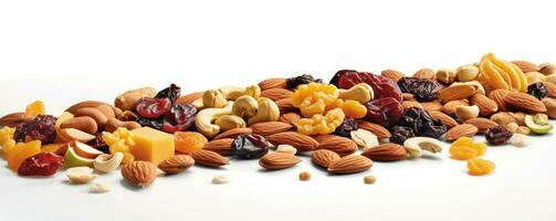 Footer of mix dry fruit on white background, AI Generated photo