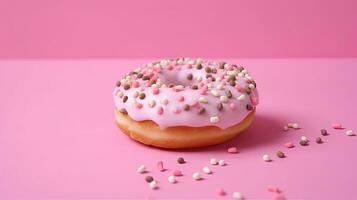 Bitten pink icing donut with marshmallows on pink background, AI Generated photo