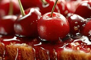 cherry toast, macro shot of a fresh breakfast with Dripping Honey, AI Generated photo