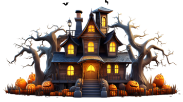 Halloween maison avec une arbre et citrouilles sur le de face ai génératif png