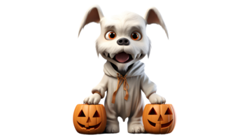 une dessin animé chien habillé dans Halloween costume en portant deux citrouilles ai génératif png