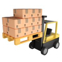 heftruck in beweging en sorteren pakket dozen clip art vlak ontwerp icoon geïsoleerd Aan transparant achtergrond , 3d renderen logistiek en levering concept png