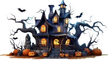 halloween house with a tree and pumpkins on the front ai generative png