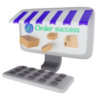 Online shopping parcel on computer clipart flat design icon isolated on transparent background, 3D render online shopping and delivery concept png