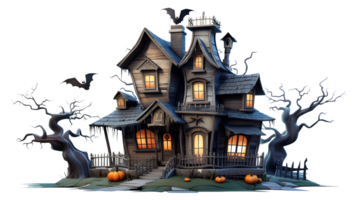 Halloween maison avec une arbre et citrouilles sur le de face ai génératif png