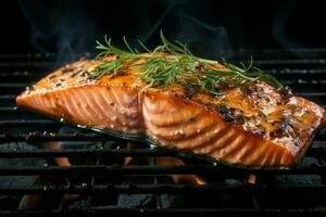 Grilled macro salmon. Generate Ai photo