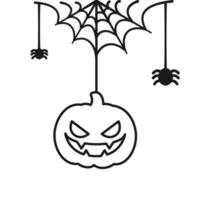 Jack O Lantern Evil Pumpkin Hanging on a Spider Web Line Art Doodle, Happy Halloween Spooky Ornaments Decoration Vector illustration