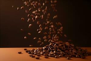 Flying falling coffee beans on brown background photo