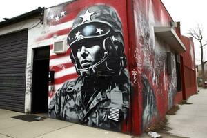 A Street art mural graffiti painting of a soldier with a helmet on the wall photo