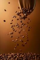 Flying falling coffee beans on brown background photo