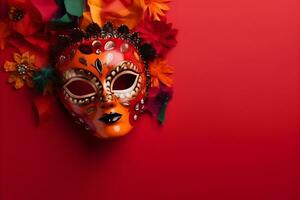 Beautiful carnival mask with feathers on red background with copyspace photo