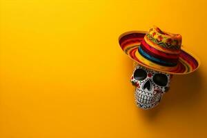 Mexican sugar skull with sombrero and hat on yellow background with copyspace photo