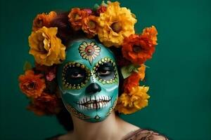 Portrait of a beautiful woman with sugar skull makeup over green background. photo