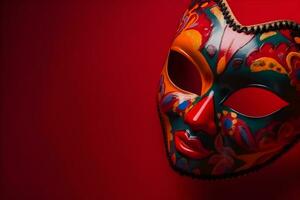 Beautiful carnival mask with feathers on red background with copyspace photo