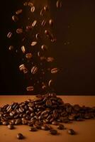 Flying falling coffee beans on brown background photo