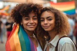 Portrait of happy lesbian couple smiling holding rainbow flags on pride event. photo