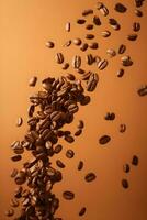 Flying falling coffee beans on brown background photo