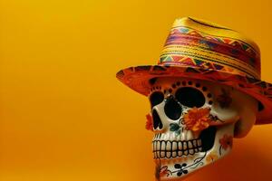 Mexican sugar skull with sombrero and hat on yellow background with copyspace photo