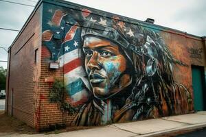 A Street art mural graffiti painting of a soldier with a helmet on the wall photo