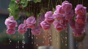 un cerca arriba de un hermosa lavanda bulboso begonia flores con gotas de lluvia foto