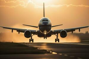 avión aterrizaje tomar apagado puesta de sol. generar ai foto