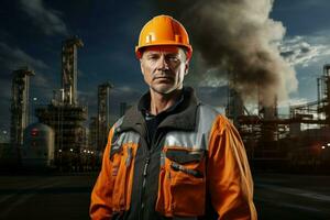 trabajador refinería en frente fábrica. generar ai foto