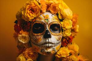 Portrait of a beautiful woman with sugar skull makeup over yellow background. photo