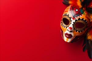 Beautiful carnival mask with feathers on red background with copyspace photo