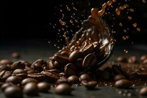 Coffee beans falling into a splash of chocolate on a black background photo