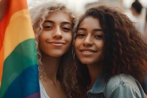 Portrait of happy lesbian couple smiling holding rainbow flags on pride event. photo
