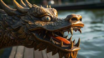 A wooden dragon head of dragon boat photo