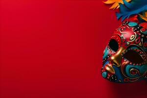 Beautiful carnival mask with feathers on red background with copyspace photo