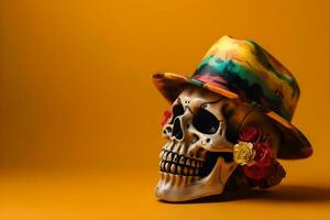 Mexican sugar skull with sombrero and hat on yellow background with copyspace photo