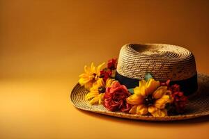 Straw hat and flowers on yellow background with copy space. photo